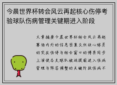 今晨世界杯转会风云再起核心伤停考验球队伤病管理关键期进入阶段